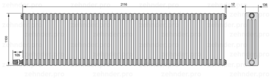 Схема (чертеж) Радиатор Zehnder Charleston 4110/46 №V004 Белый глянцевый RAL 9016